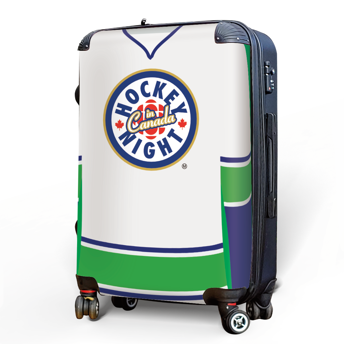 Hockey Night In Canada Luggage - Classic Logo and White Vancouver Sweater Design Officially Licensed