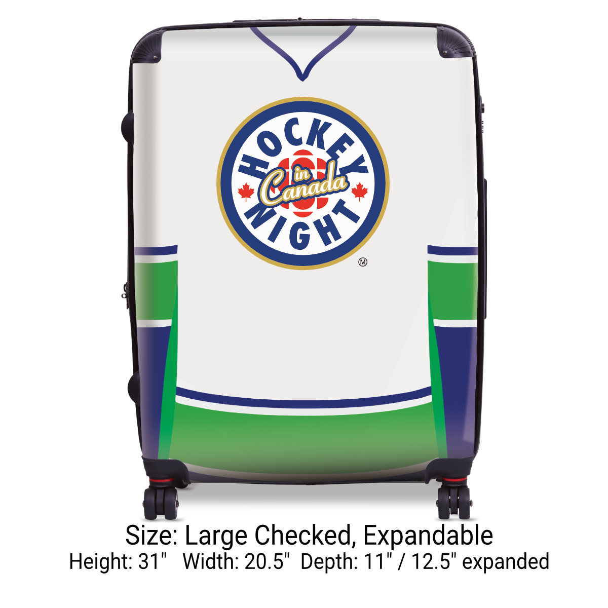 Hockey Night In Canada Luggage - Classic Logo and White Vancouver Sweater Design Officially Licensed