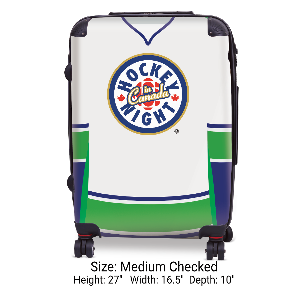 Hockey Night In Canada Luggage - Classic Logo and White Vancouver Sweater Design Officially Licensed