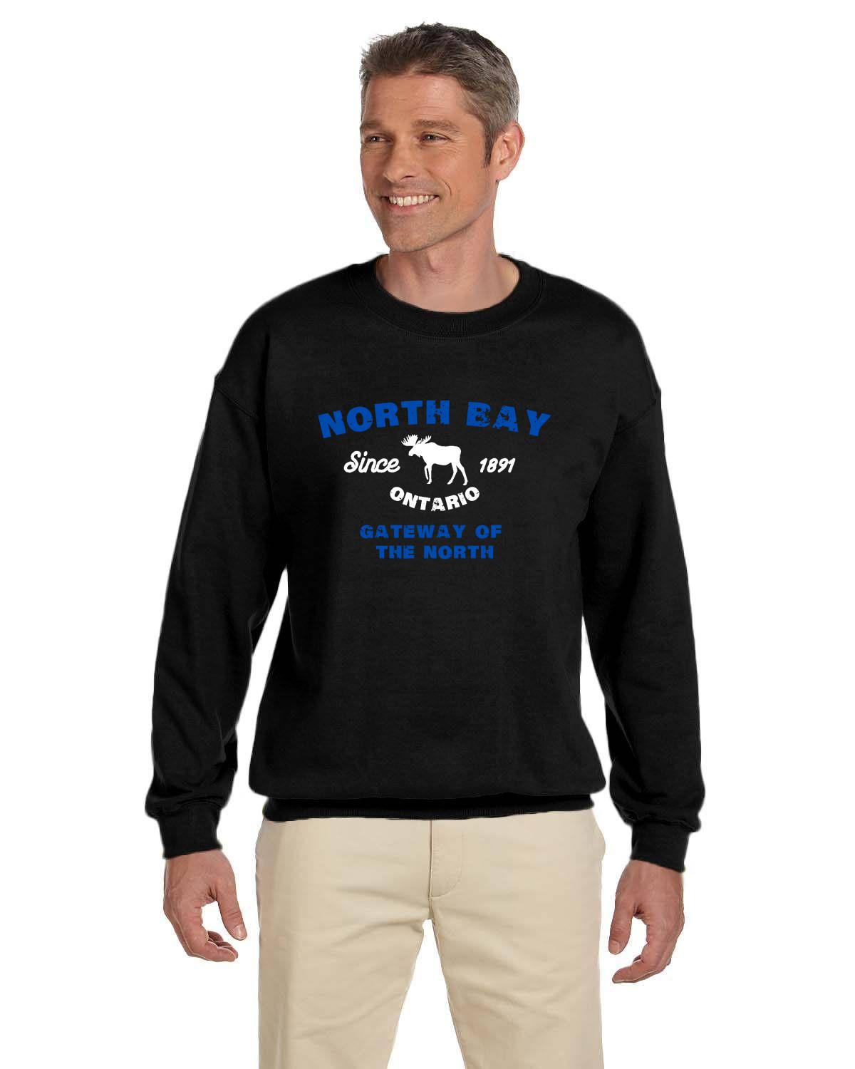 Canadian City Sweatshirt, North Bay, Ontario, Moose Design, Gateway of the North, Men's Sweatshirt Blue Font