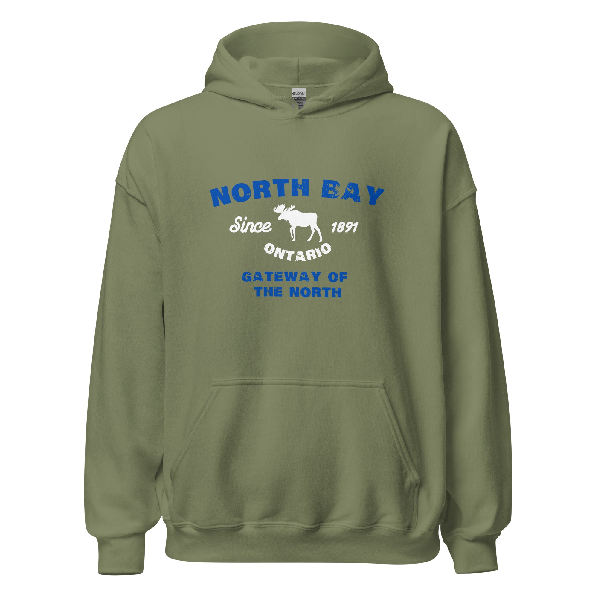 Canadian City Hoodie, North Bay, Ontario, Moose Design, Gateway of the North, Men's Hoodie Blue Font